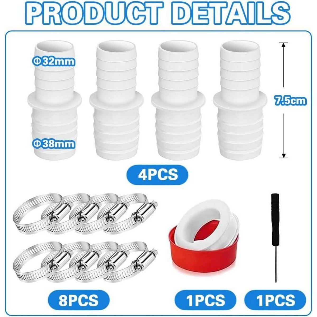 Poolschlauch Adapter 32mm auf 38mm, 4er Set mit Schellen
