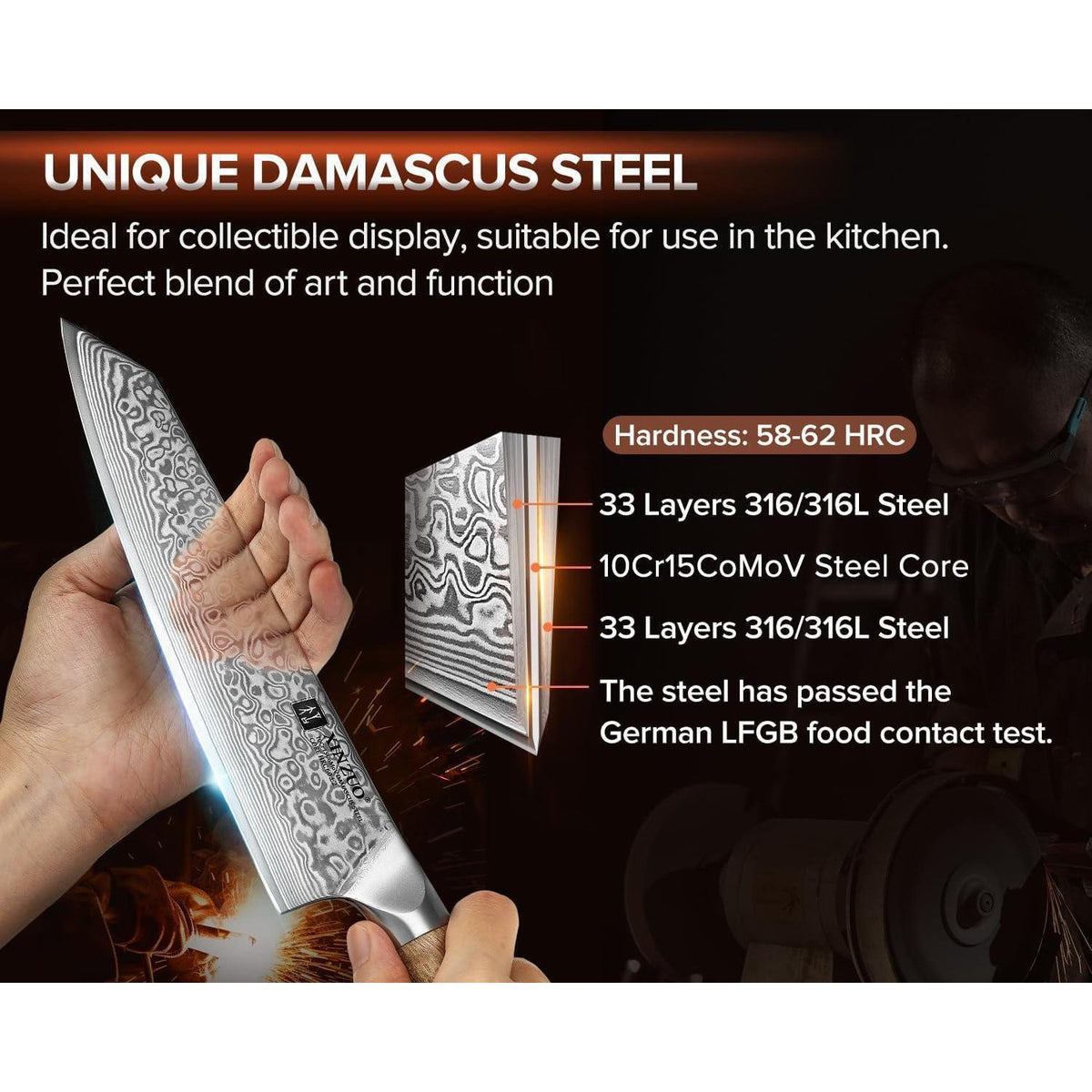 Kiritsuke Kochmesser Damaststahl 21cm mit Bergahornholzgriff