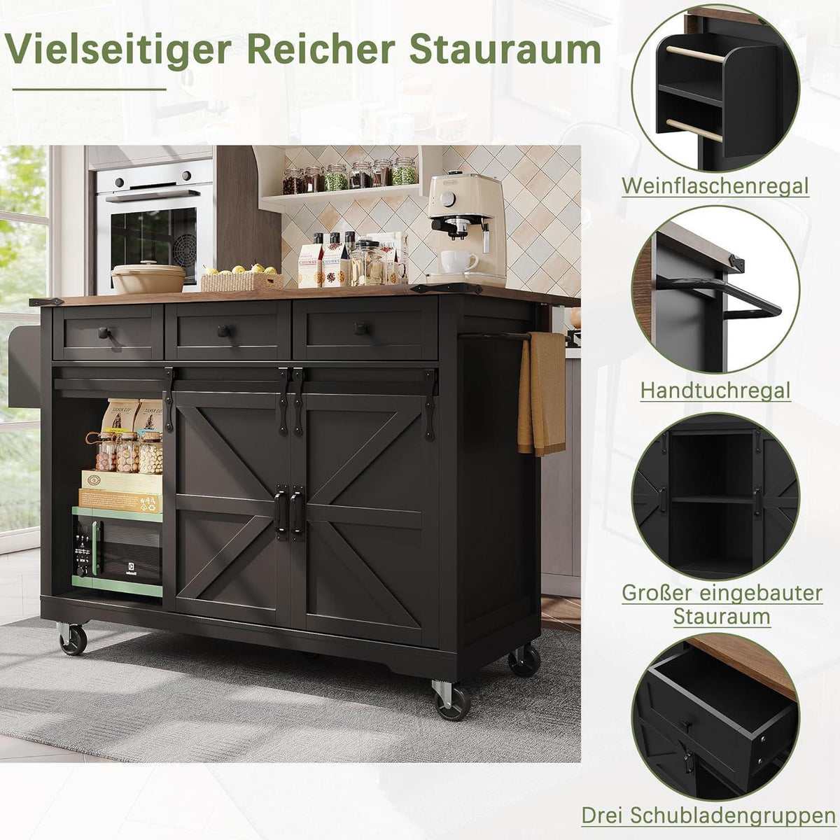 Kücheninsel mit Ausziehtisch & Schiebetüren, Schwarz