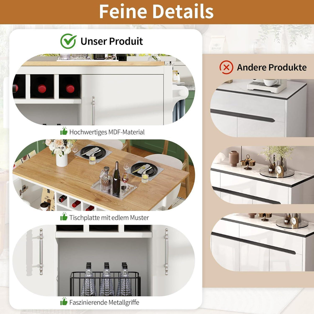 Küchenschrank mit Klappplatte, Weinregal & Handtuchhalter, Weiß
