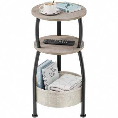 Runder Beistelltisch mit Stoffkorb – Kleiner Couchtisch Grau