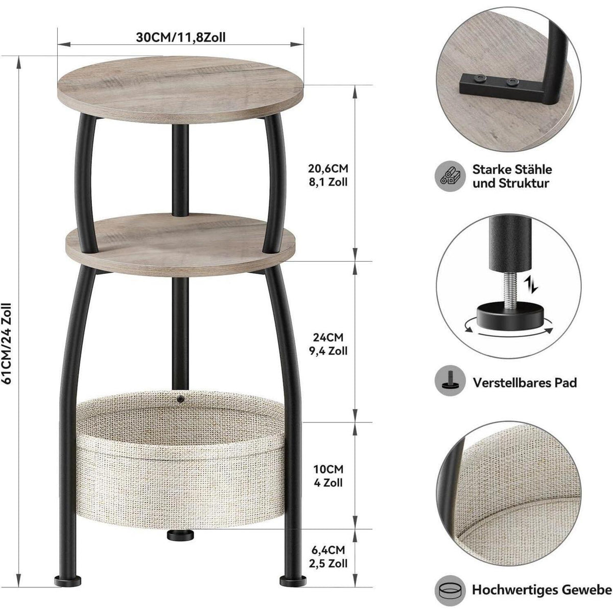 Runder Beistelltisch mit Stoffkorb – Kleiner Couchtisch Grau