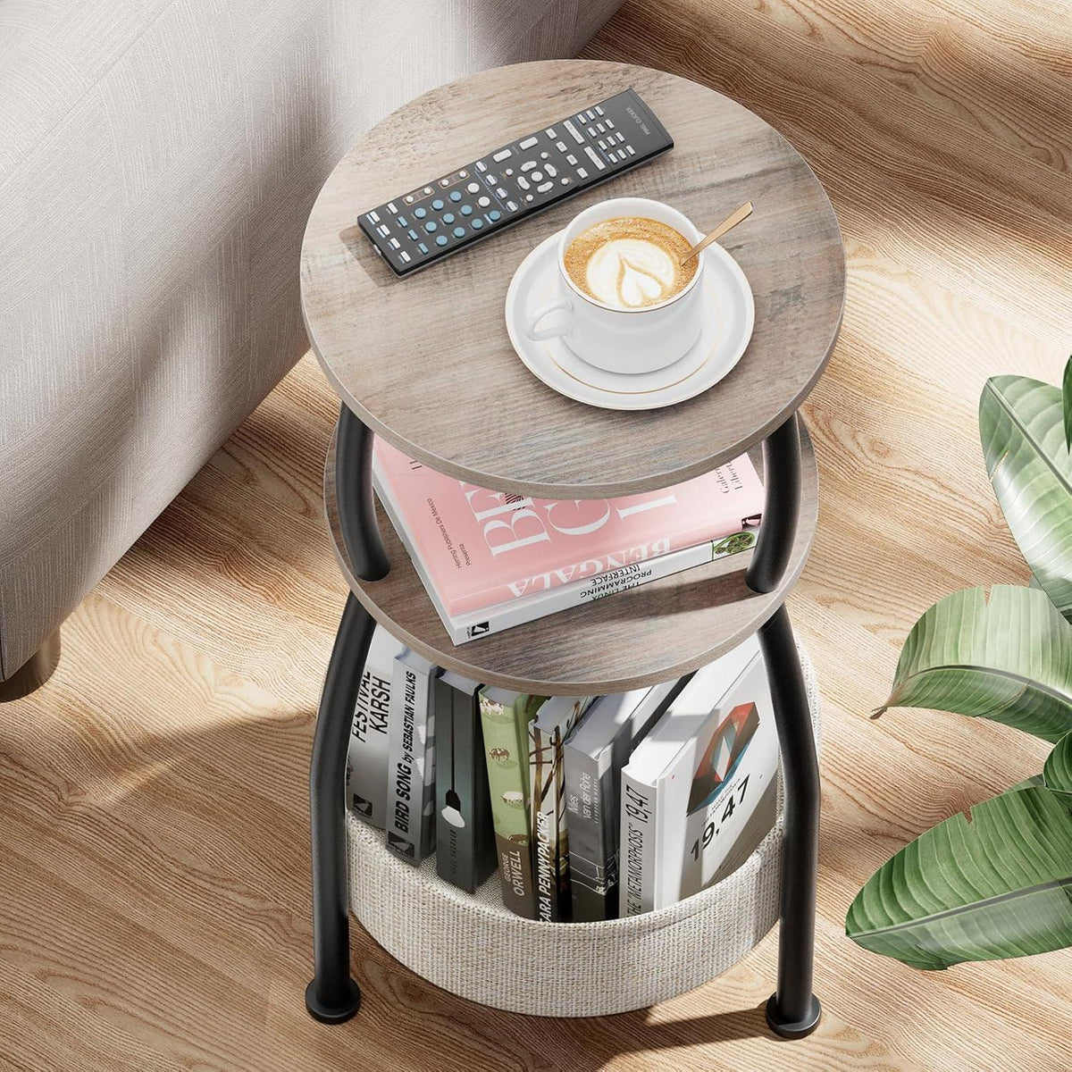 Runder Beistelltisch mit Stoffkorb – Kleiner Couchtisch Grau