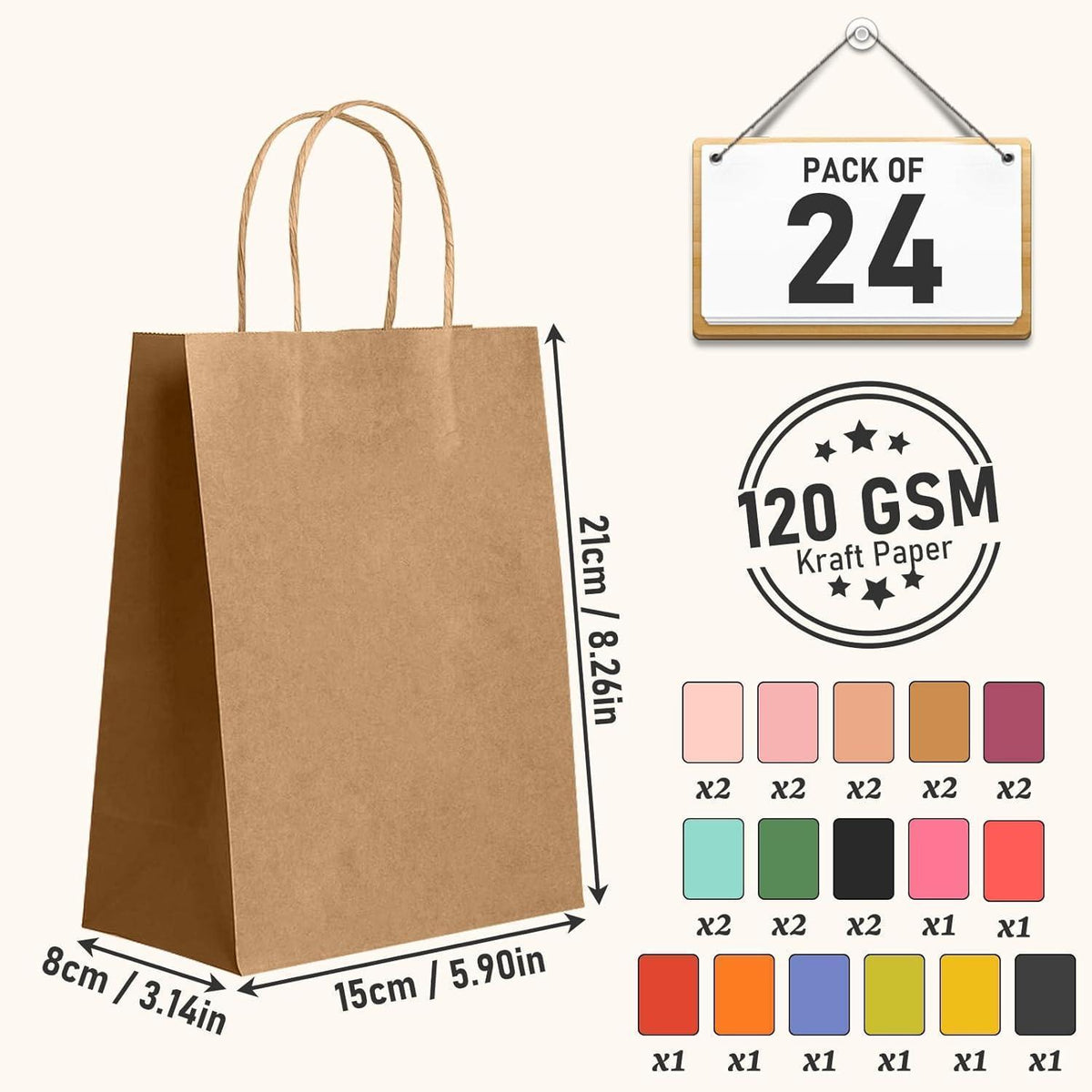 Kraftpapier Geschenktüten mit Henkel, 24er Set, 15x8x21 cm