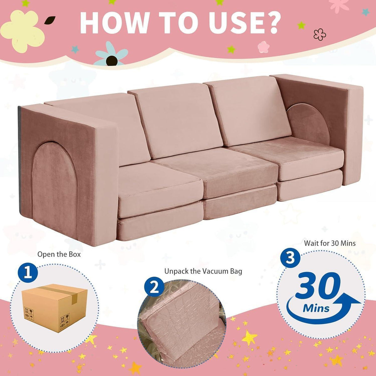 Modulares Kindersofa 13-teilig – Rosa Spielcouch für Kinder