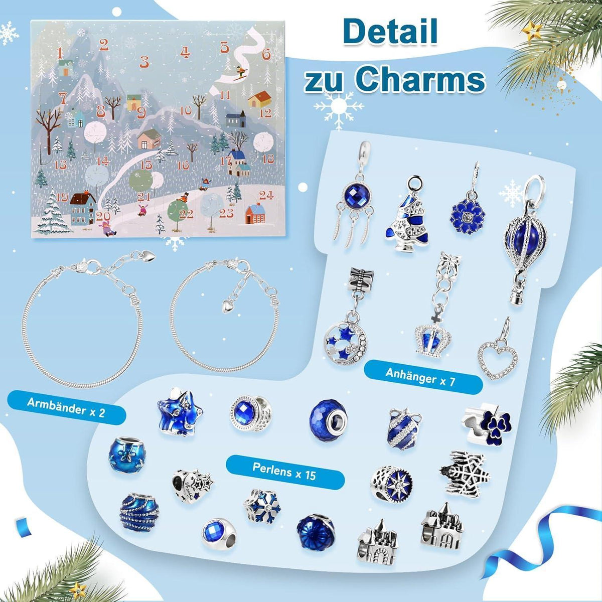 Adventskalender Schmuckset Mädchen Armband mit Charms Blau