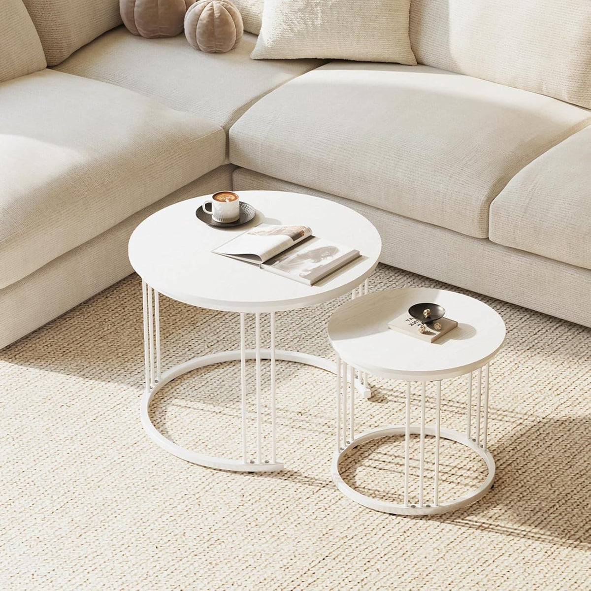 Runde Couchtische 2er-Set Metallrahmen Weiß 60cm