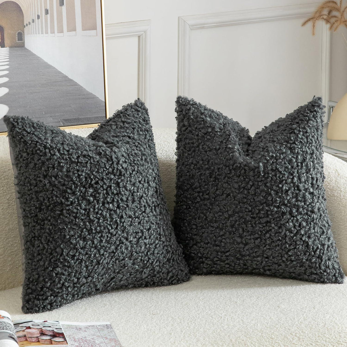 2x Kissenbezug Teddywolle Grau 55x55 cm - Plüsch Bouclé