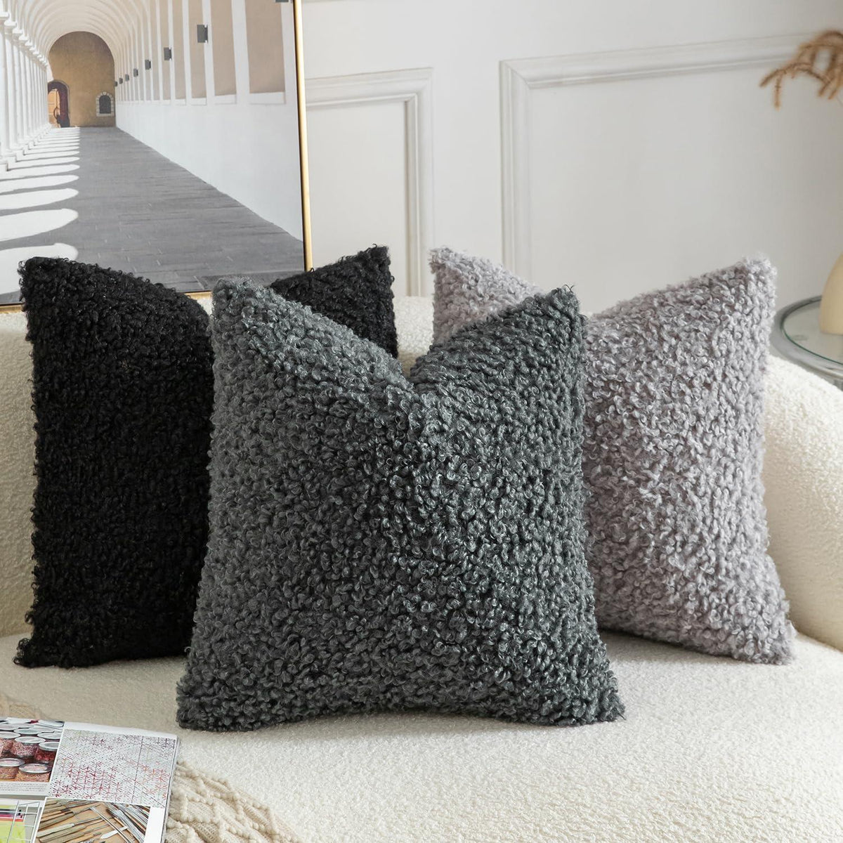 2x Kissenbezug Teddywolle Grau 55x55 cm - Plüsch Bouclé