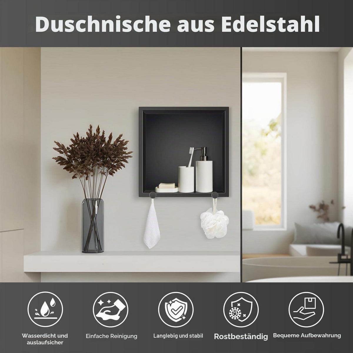 Edelstahl Duschnische 30x30x10cm – Schwarz, Wasserdicht & Platzsparend