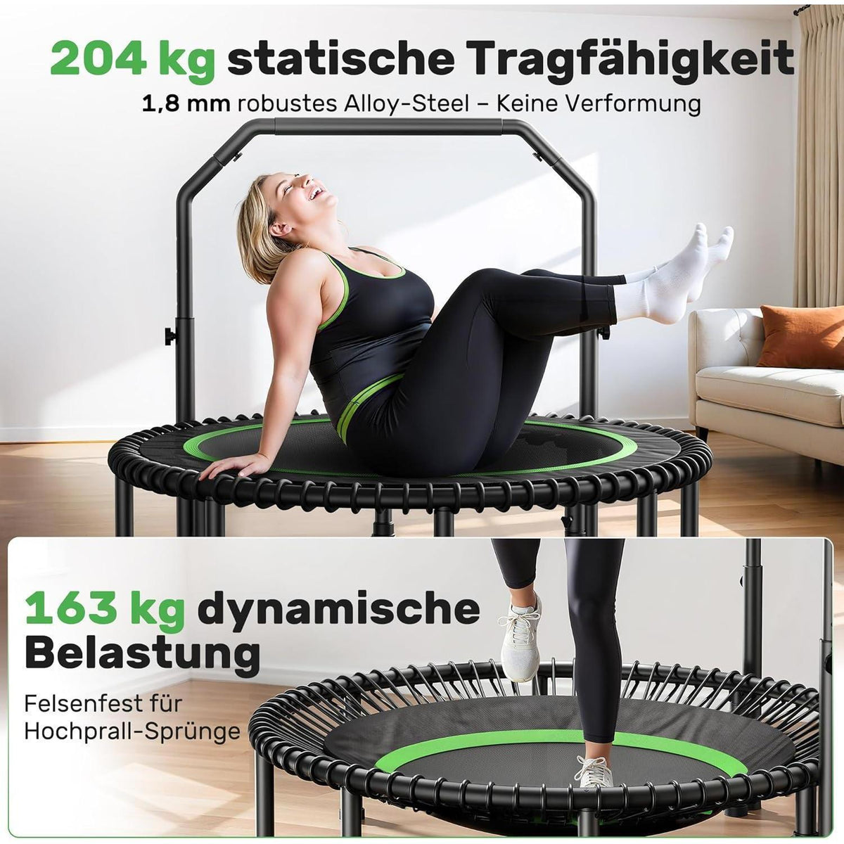 Fitness Trampolin 122cm – Verstellbarer Griff & 250kg Belastbarkeit