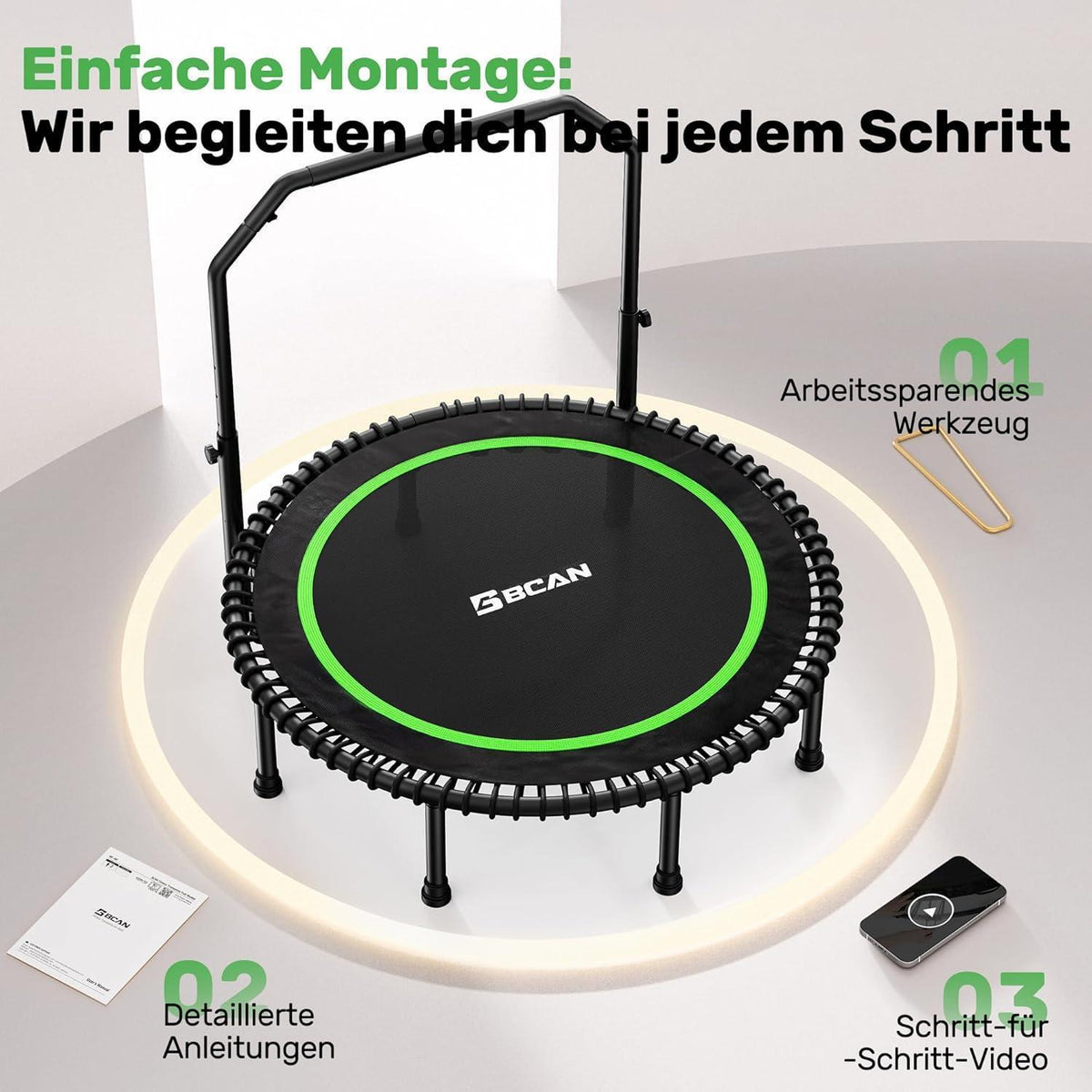 Fitness Trampolin 122cm – Verstellbarer Griff & 250kg Belastbarkeit