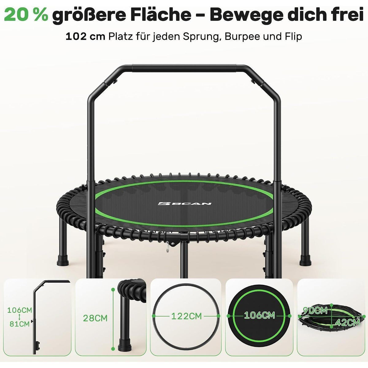 Fitness Trampolin 122cm – Verstellbarer Griff & 250kg Belastbarkeit
