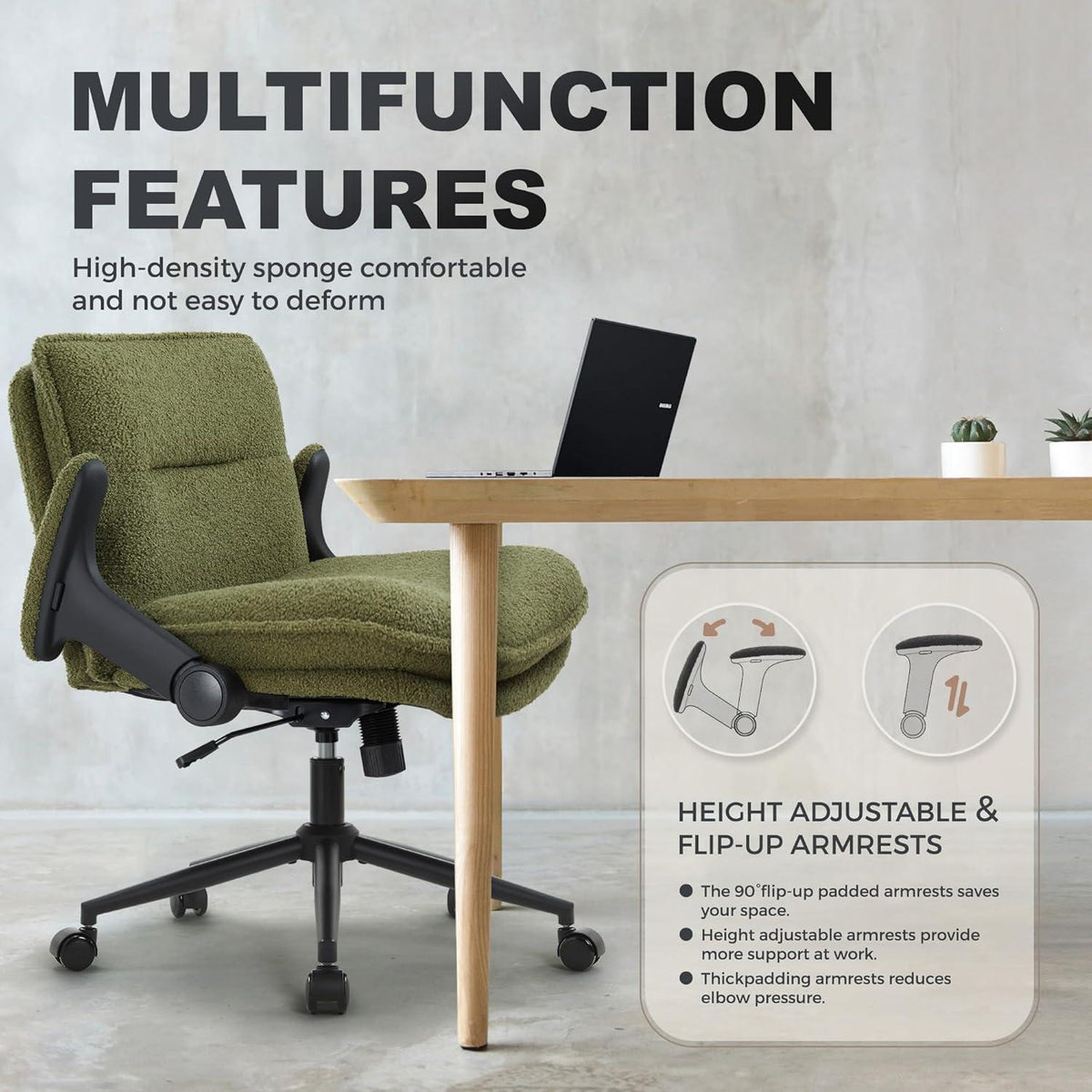 Ergonomischer Bürostuhl mit Armlehnen, Schneidersitz, Grün