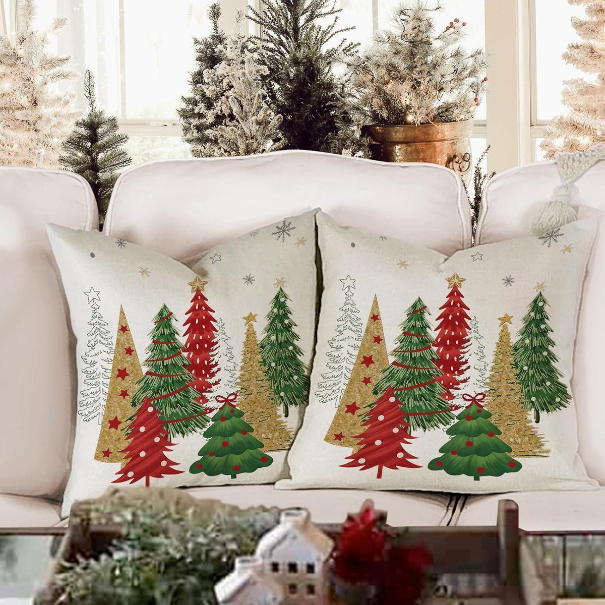 Weihnachtskissenbezug 40x40 cm - 2er Set Leinen Winterdeko