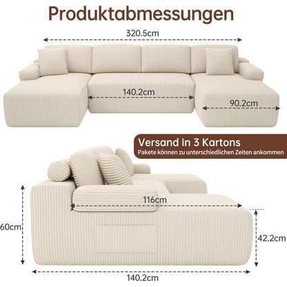 Modulares U-förmiges Cord-Sektionalsofa mit Memory-Schaum