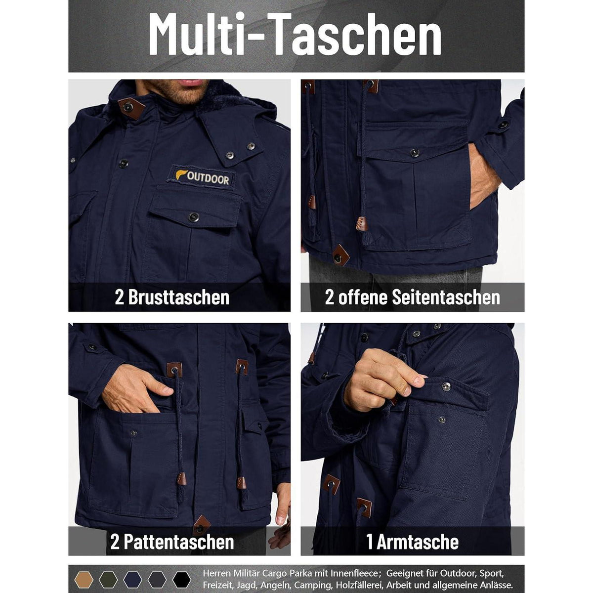 Herren Winterjacke gefüttert Fleece Parka Dunkelblau