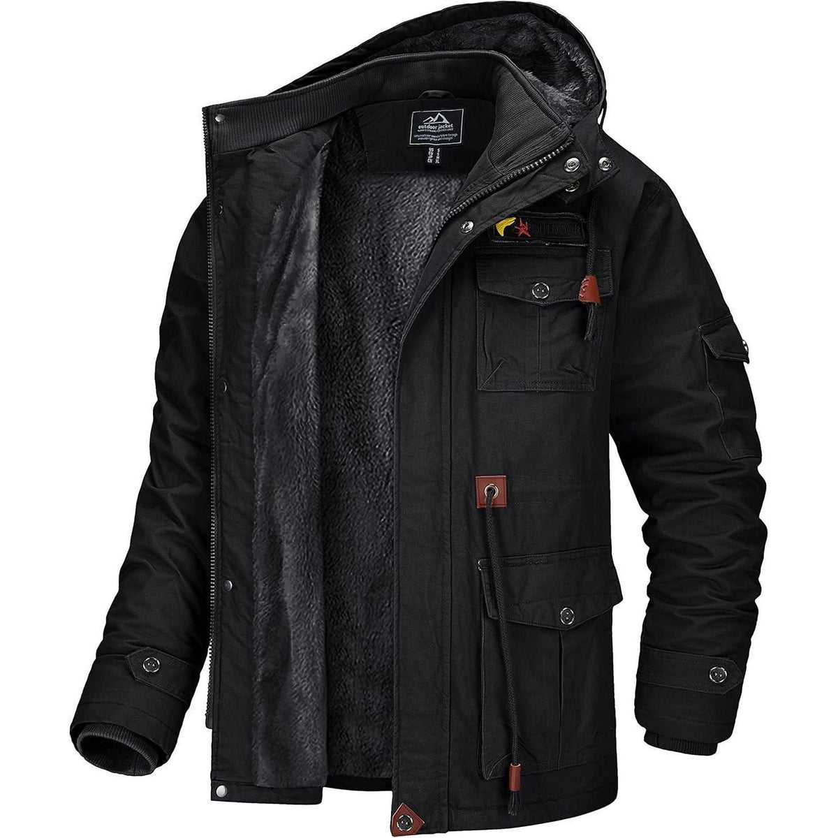 Herren Winterjacke gefüttert Fleece Parka mit Kapuze Schwarz L