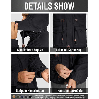Herren Winterjacke gefüttert Fleece Parka mit Kapuze Schwarz L