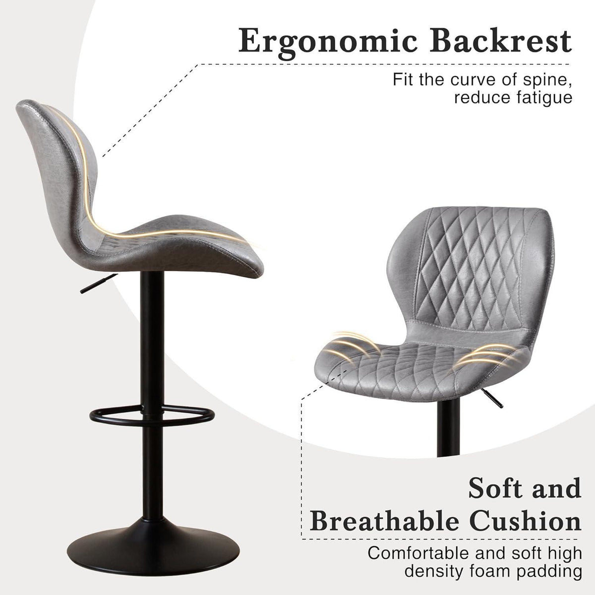 Barhocker mit Lehne, Höhenverstellbar, Grau (2er Set)