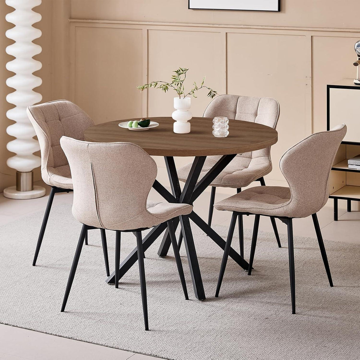 Runder Esstisch Set Dunkelholz & Khaki Stühle – 100cm