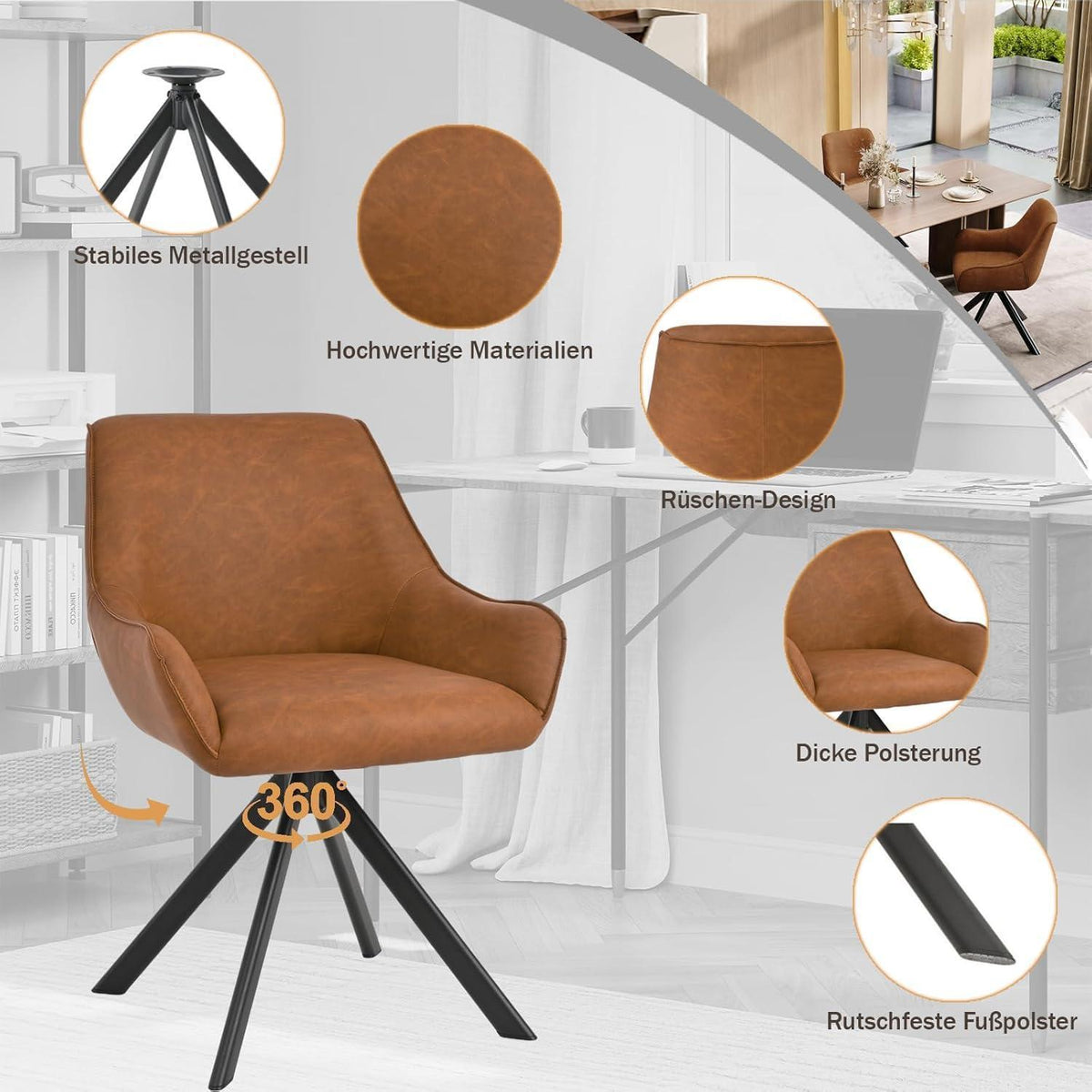 Drehbarer Esszimmerstuhl Set 2x mit Armlehne – Braun