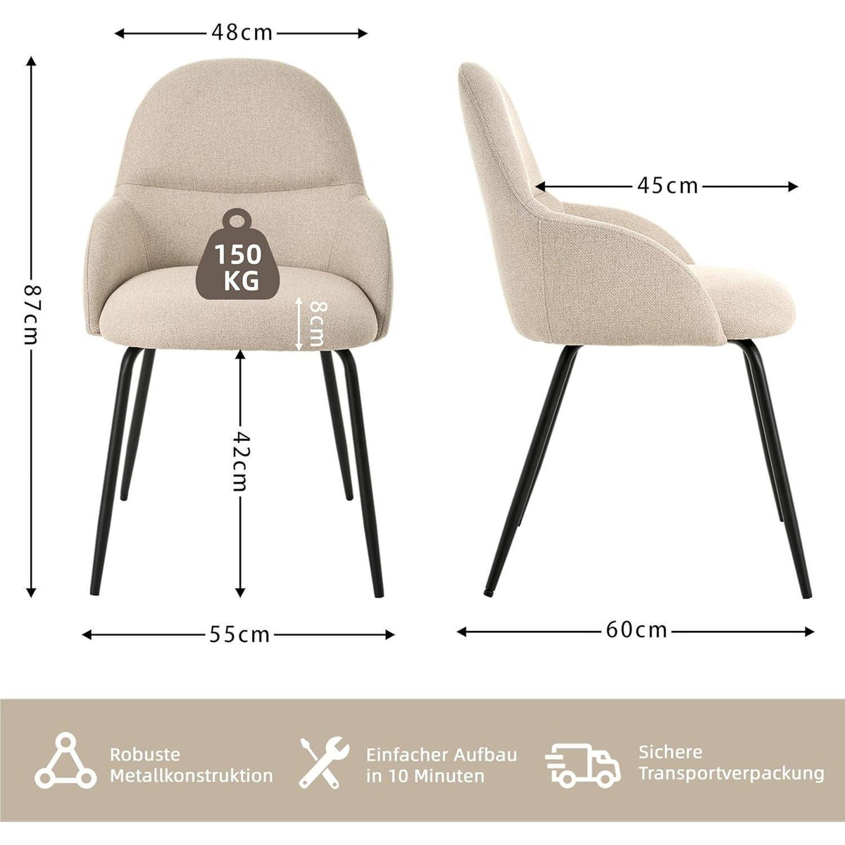 Esszimmerstühle 2er Set mit Armlehne – Beige Leinen & Metall