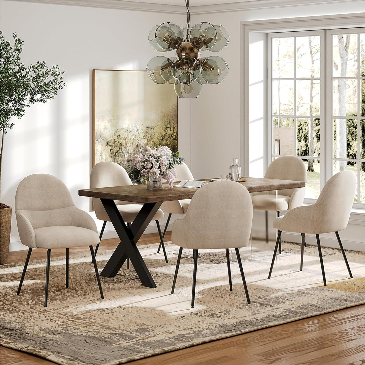Esszimmerstühle 2er Set mit Armlehne – Beige Leinen & Metall