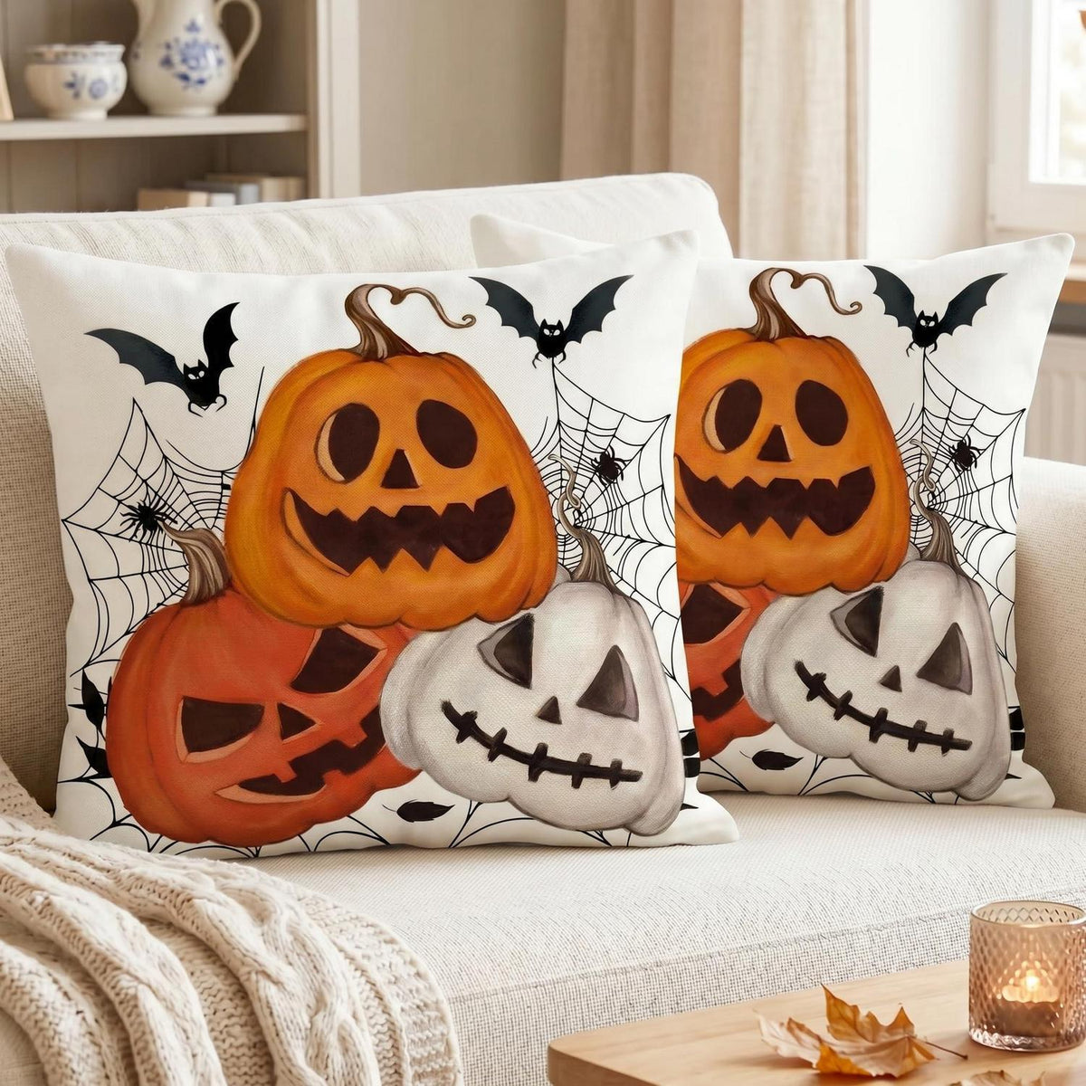 Halloween Kissenbezug 2er Set 45x45 cm - Spinnennetz & Kürbis