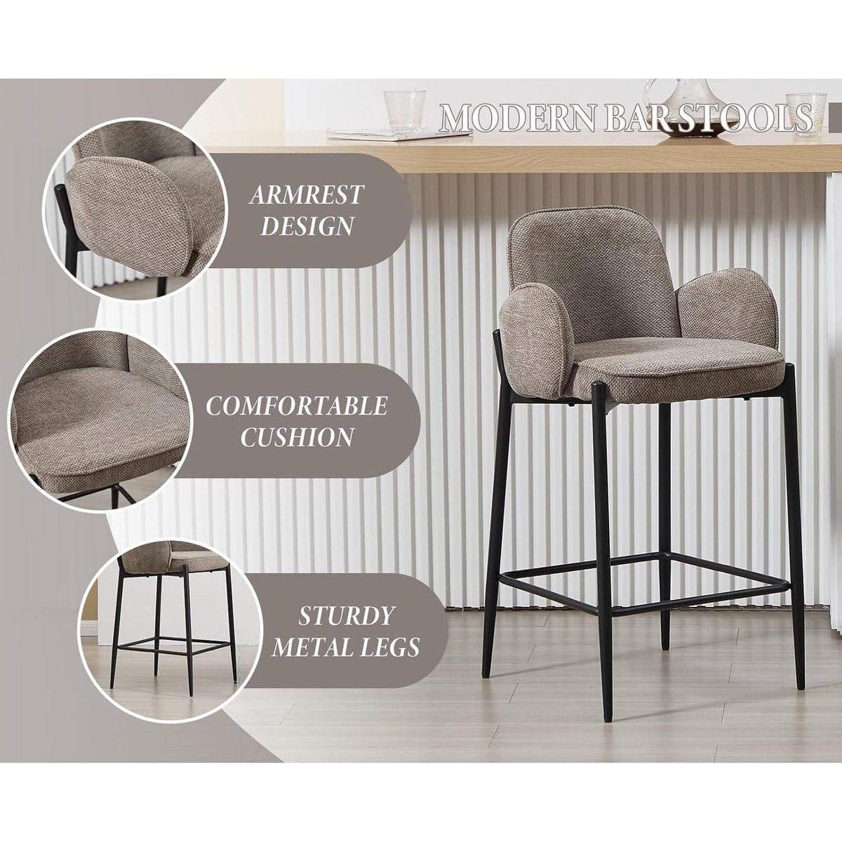 Barhocker Set Braun mit Armlehnen & Chenille-Polster