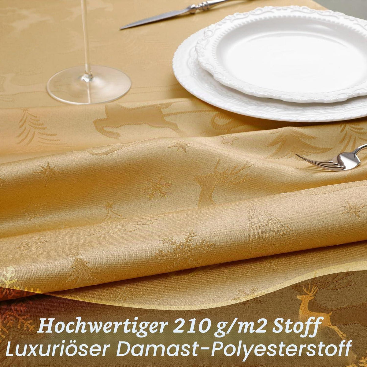 Weihnachtliche Tischdecke Gold Jacquard Rentier & Baum 150x300 cm