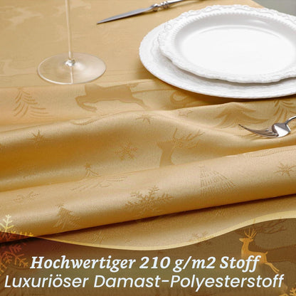 Weihnachtliche Tischdecke Gold Jacquard Rentier & Baum 150x300 cm