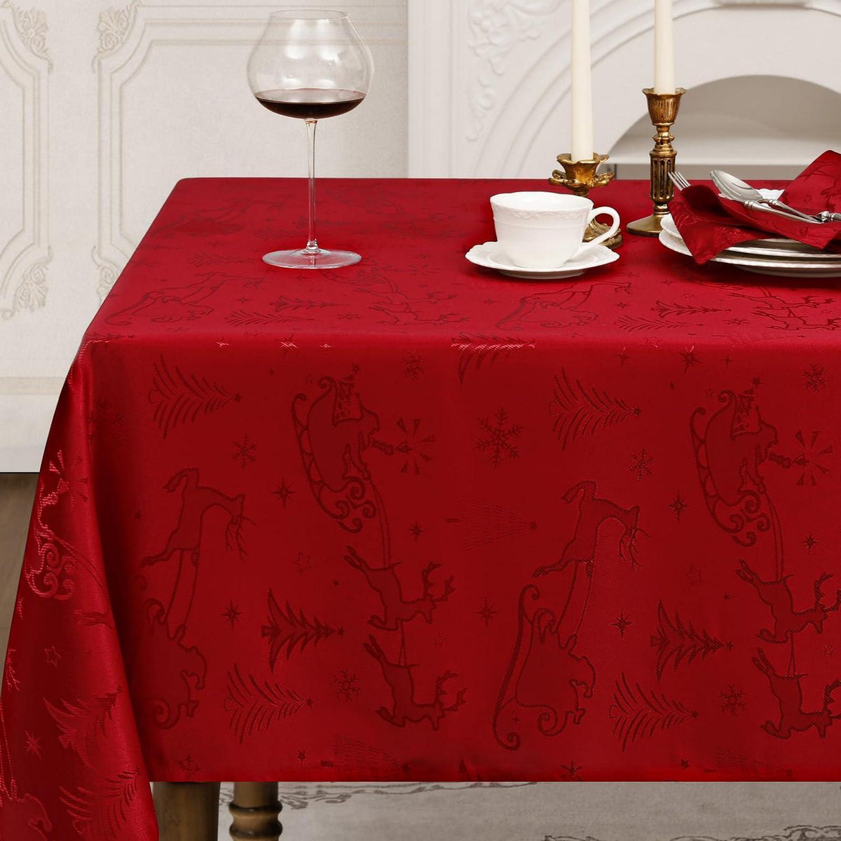 Romanstil Tischdecke Weihnachten Rot 150x300 cm Jacquard Rentier