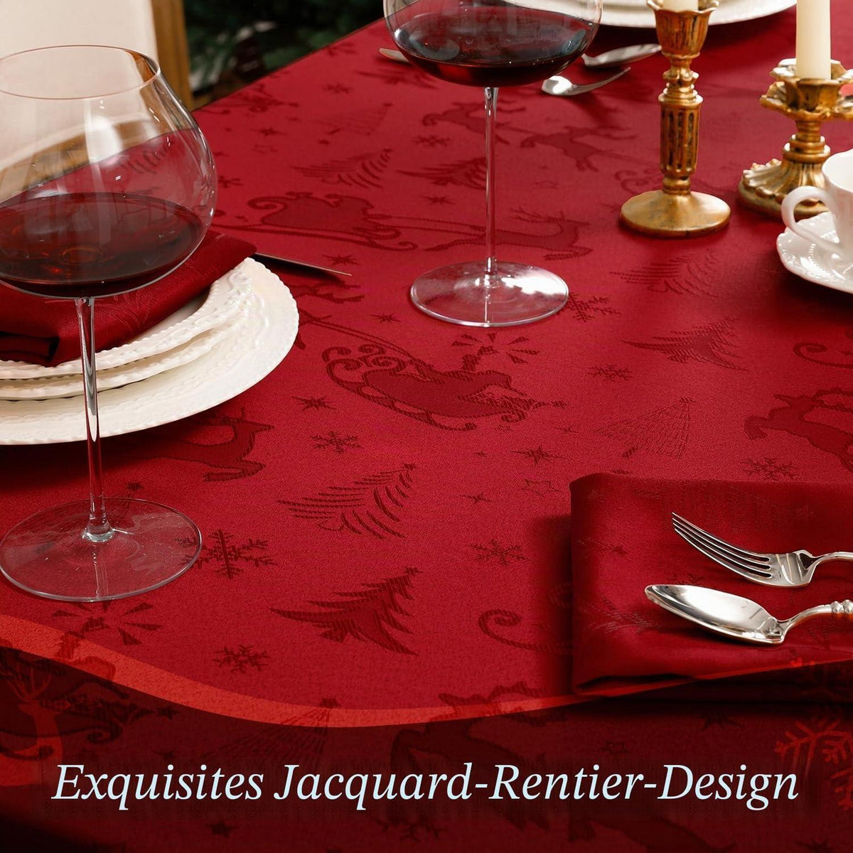 Romanstil Tischdecke Weihnachten Rot 150x300 cm Jacquard Rentier