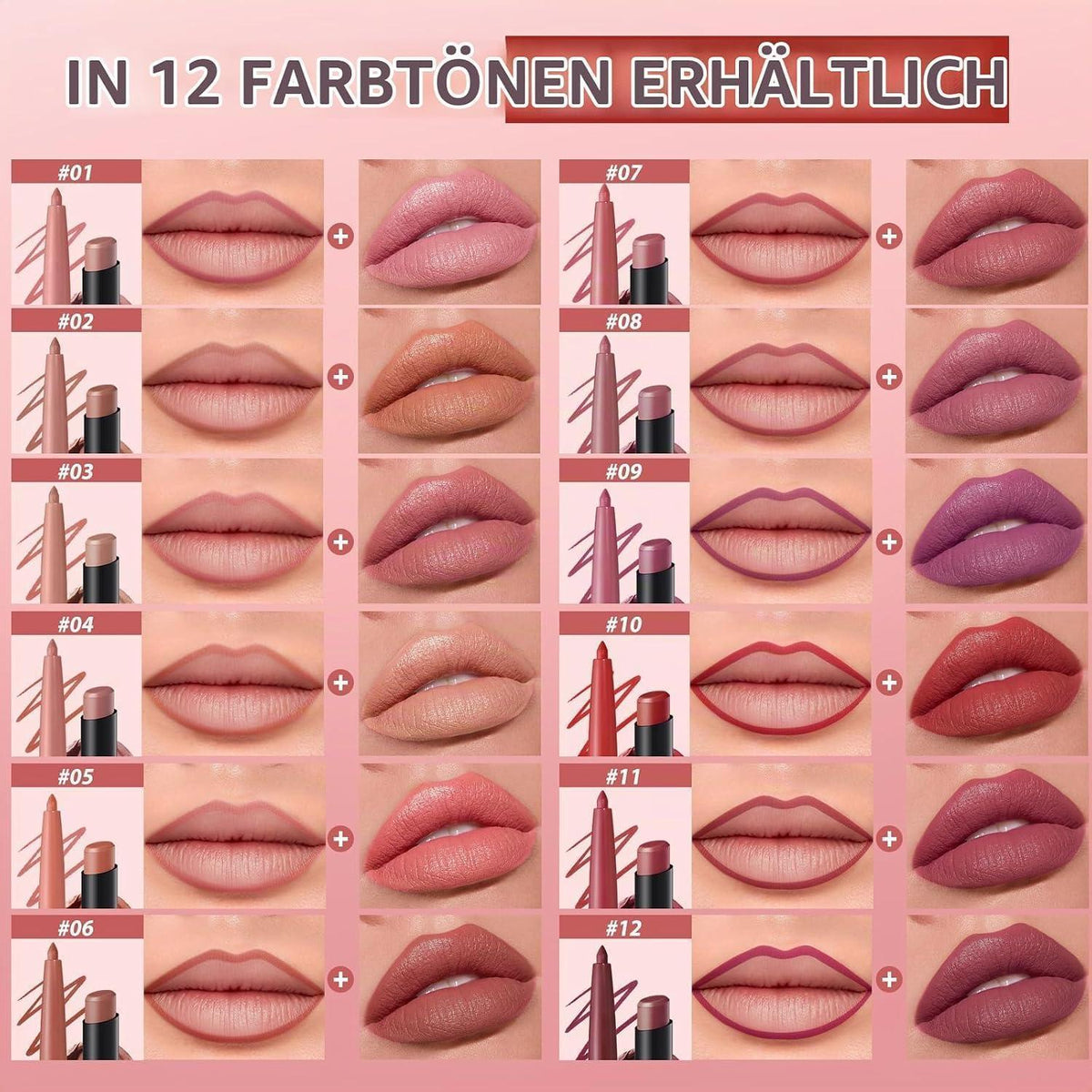 Mattes Lippen-Set: 6 Lipliner + 6 Lippenstifte – Natürliche Töne