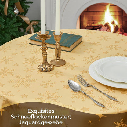 Runde Weihnachtliche Tischdecke 180cm Gold – Jacquard Schneeflocken & Sterne