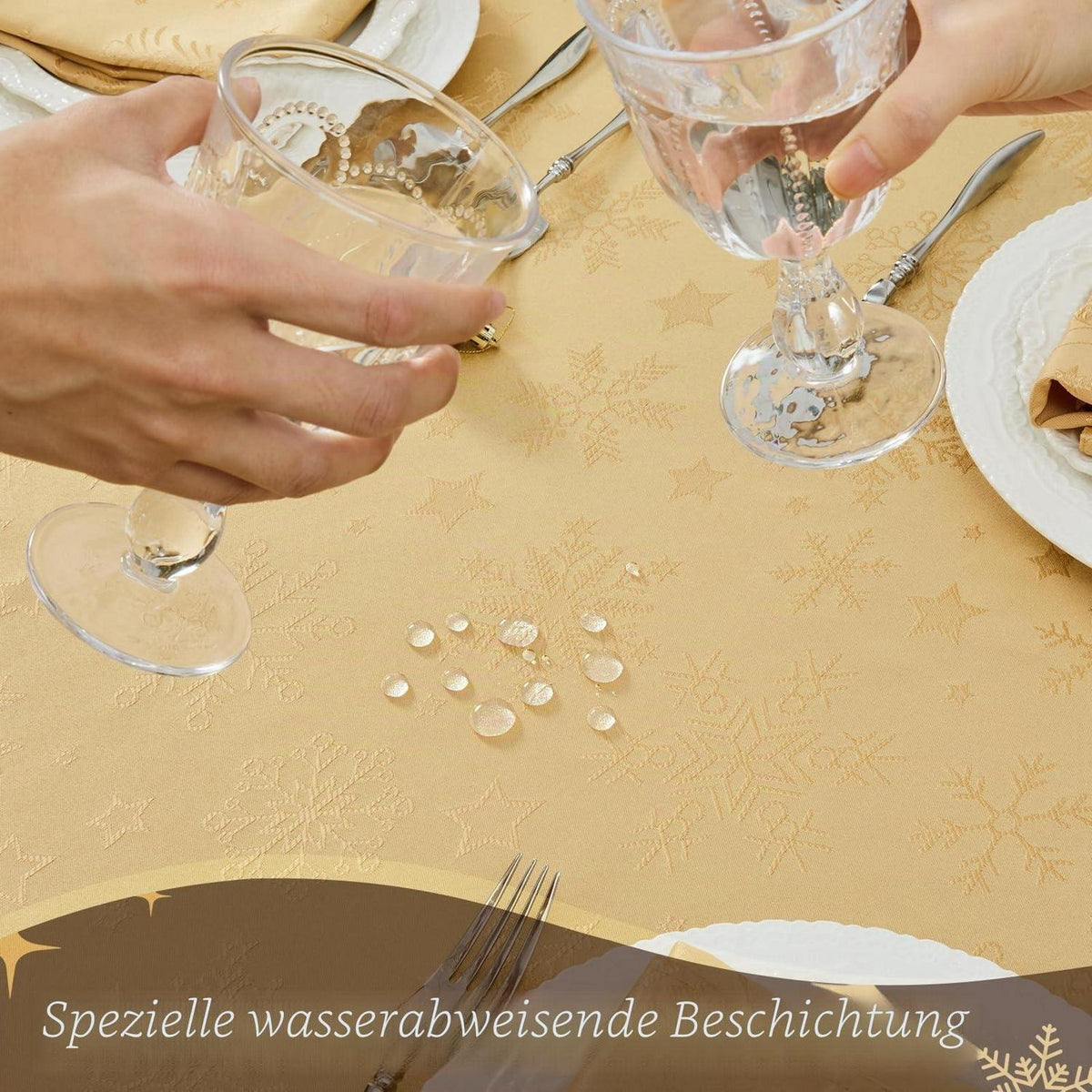 Runde Weihnachtliche Tischdecke 180cm Gold – Jacquard Schneeflocken & Sterne