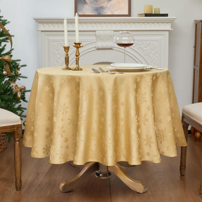 Runde Weihnachtliche Tischdecke 180cm Gold – Jacquard Schneeflocken & Sterne
