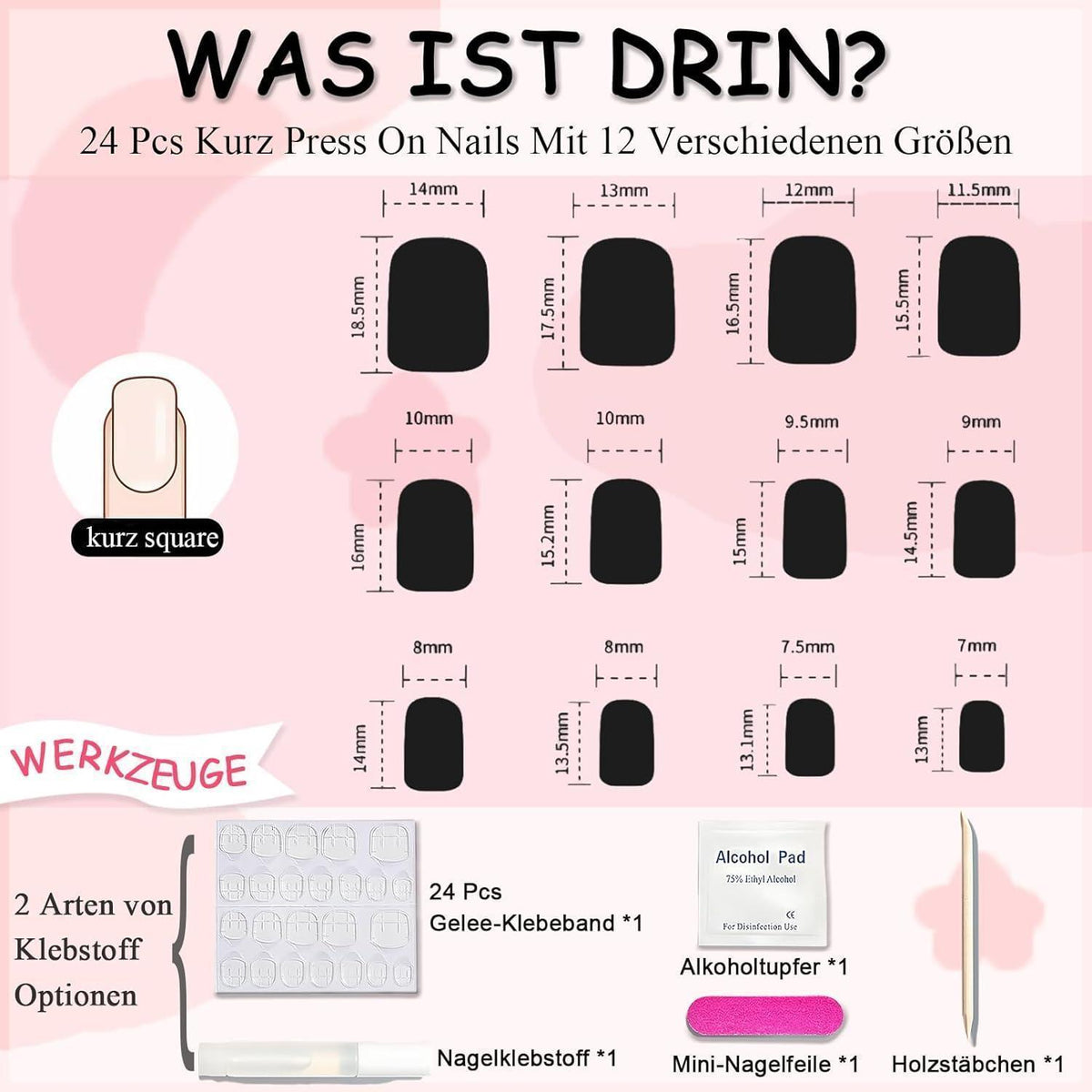24er Set French Press on Nails - Kurz & Quadratisch Rosa