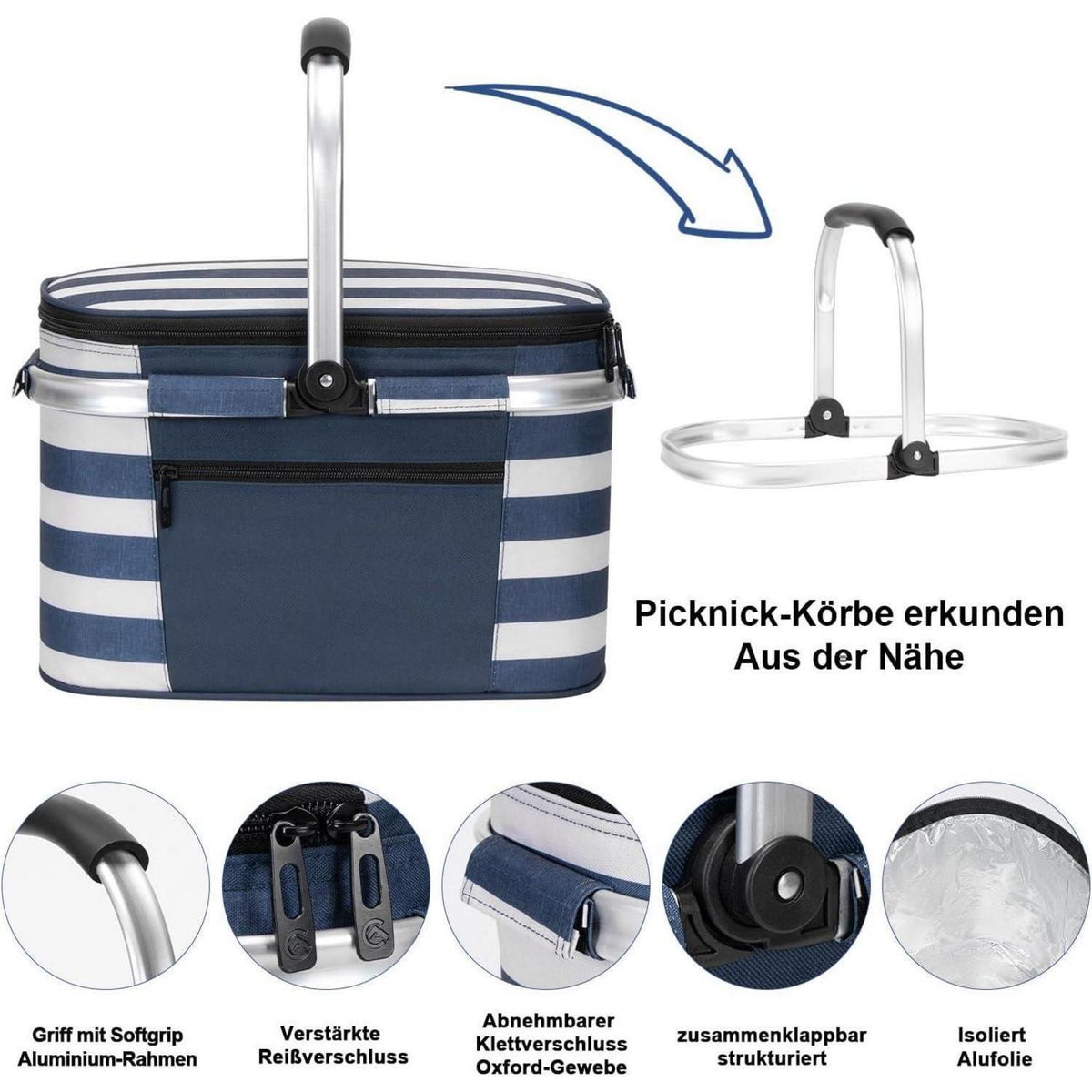 Faltbare Kühltasche & Picknickkorb für 2 Personen – Blau/Weiß
