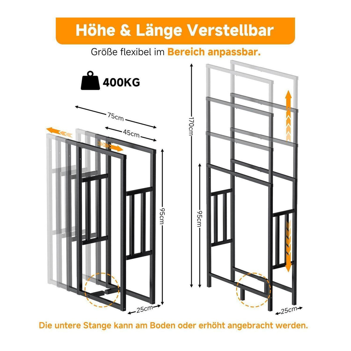 Verstellbares Kaminholzregal für Innen & Außen