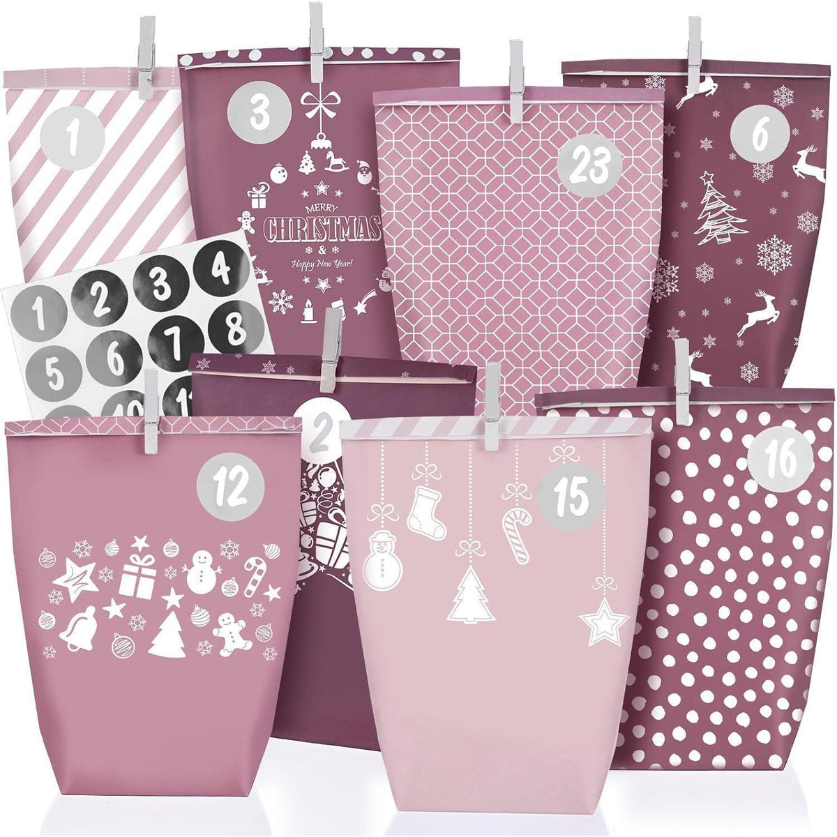 Adventskalender Tüten zum Befüllen, Rosa, 24 XXL Geschenktüten