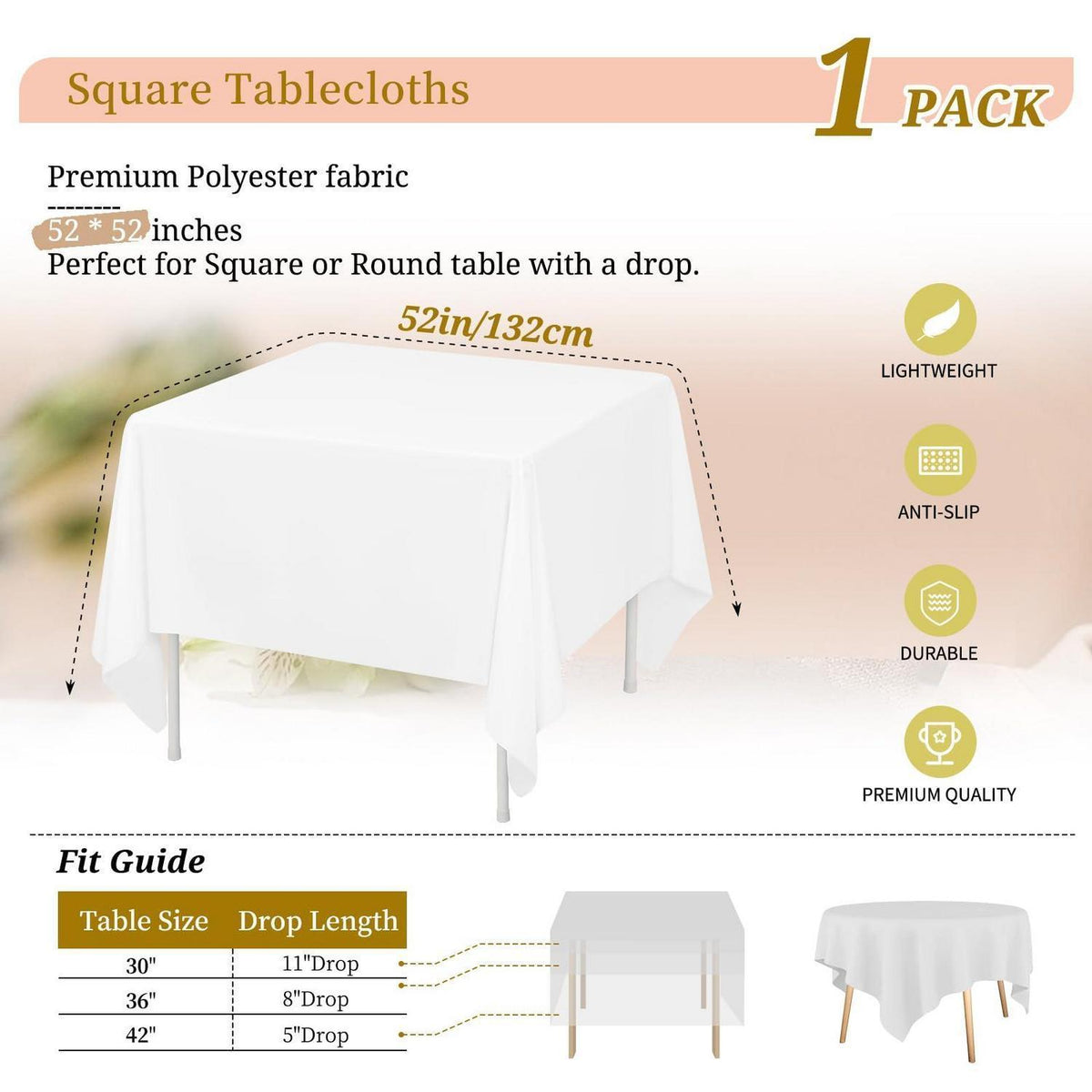 Weiße Tischdecke 132x132cm – Quadratisch, Polyester, Waschbar