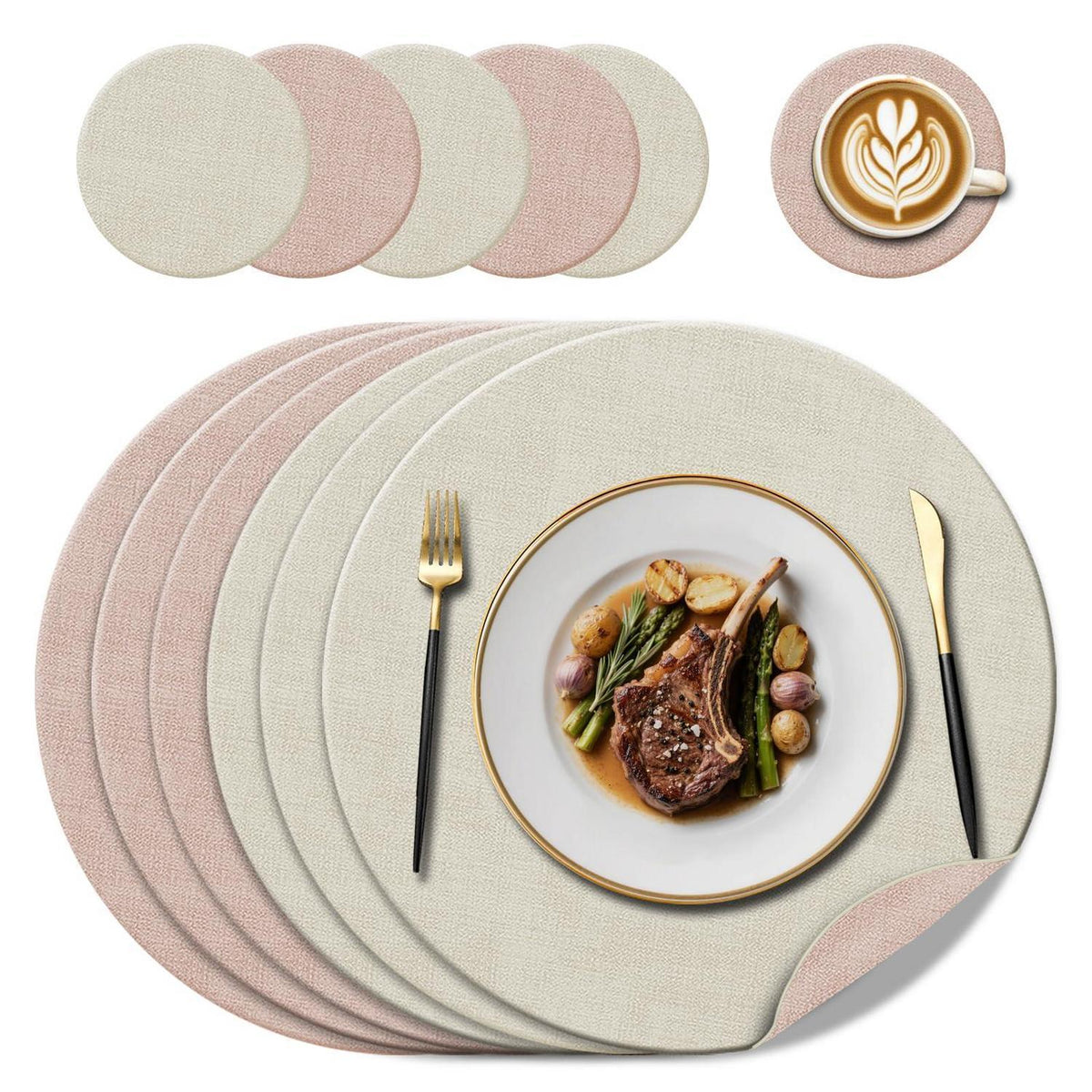 Rundes Kunstleder Platzset 6er-Set Rosa/Creme – Hitzebeständig & Pflegeleicht
