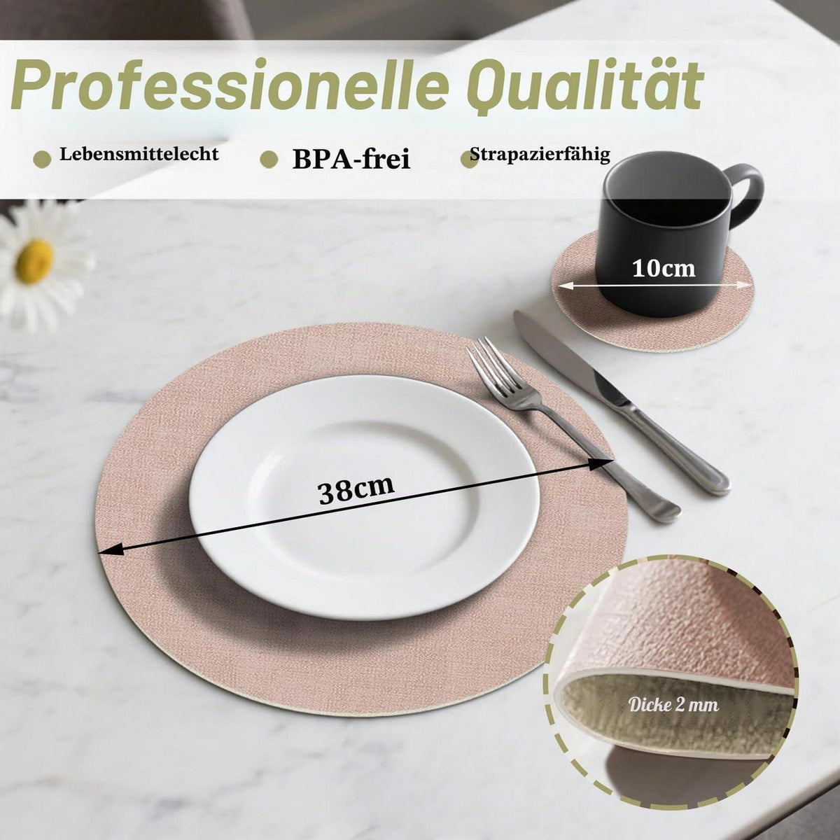 Rundes Kunstleder Platzset 6er-Set Rosa/Creme – Hitzebeständig & Pflegeleicht