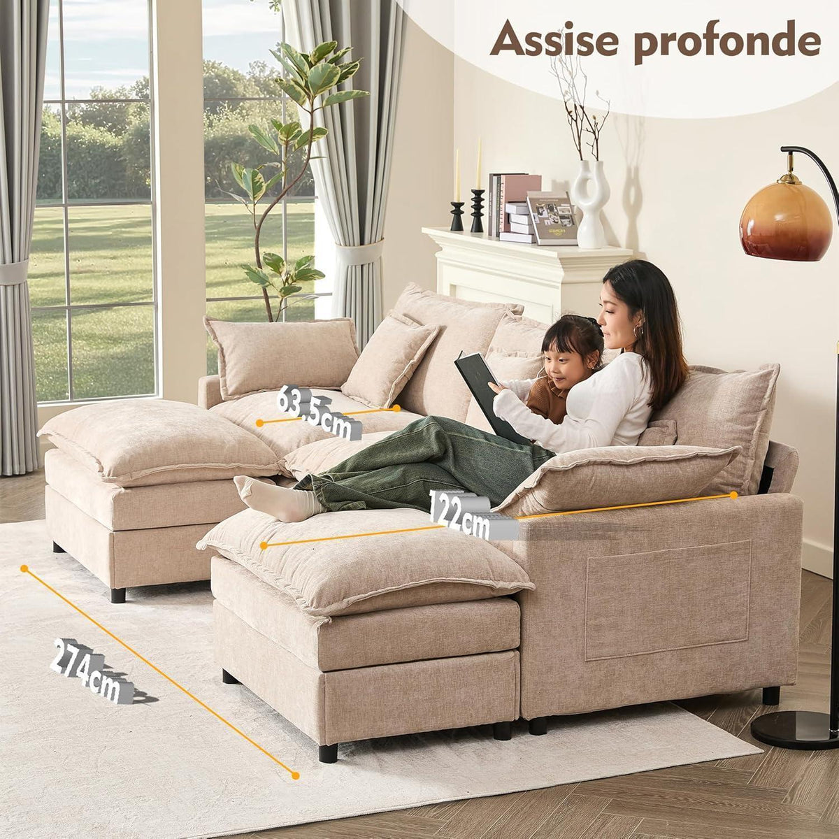 Modulares U-förmiges Sofa 3-Sitzer mit Hocker, Hellbraun