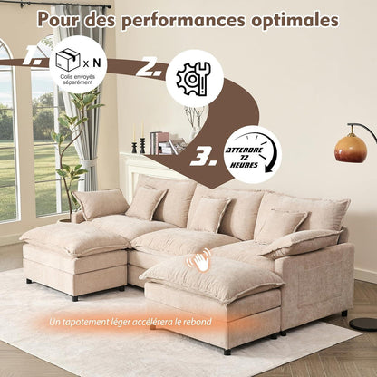 Modulares U-förmiges Sofa 3-Sitzer mit Hocker, Hellbraun