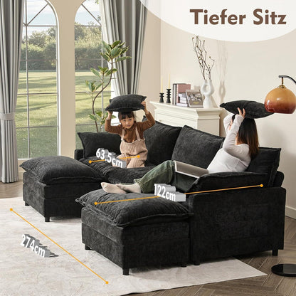 Modulares U-förmiges Sofa 3-Sitzer mit Hocker & Chenille-Bezug (Schwarz)