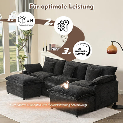 Modulares U-förmiges Sofa 3-Sitzer mit Hocker & Chenille-Bezug (Schwarz)