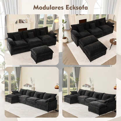 Modulares U-förmiges Sofa 3-Sitzer mit Hocker & Chenille-Bezug (Schwarz)